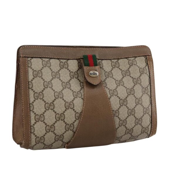 GUCCI GG Supreme Web Sherry Line Clutch Bag PVC Beige Red  Auth - Picture 1 of 16